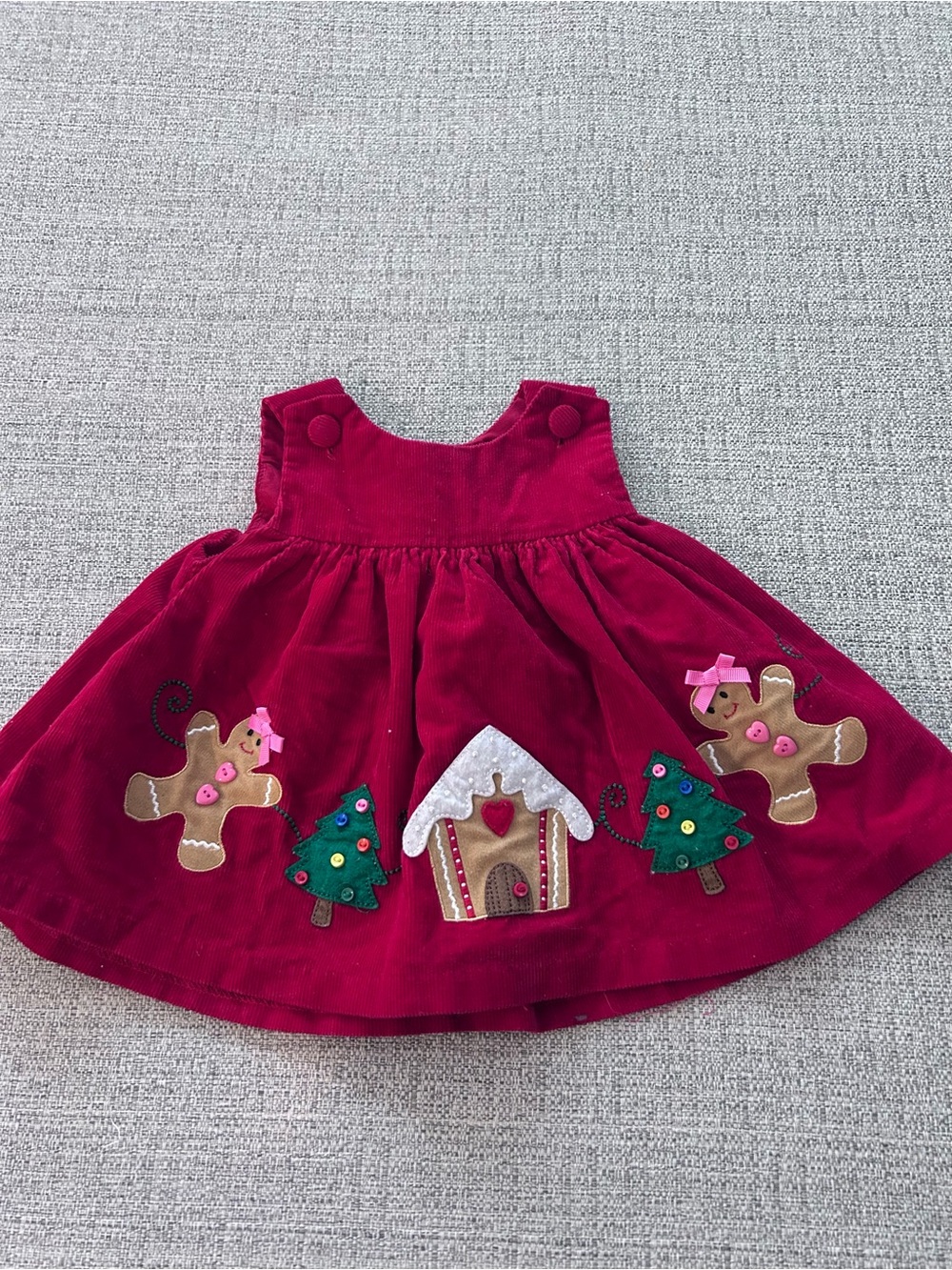 Red Toddler Holiday Corduroy Dress with Gingerbread Appliqués Cotton. Size 3-6 M